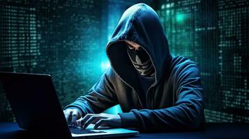 Hackers and Malware Hacker uses abstract laptop with binary code digital interface. photo