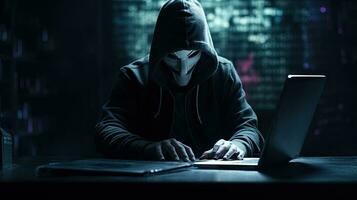Hackers and Malware Hacker uses abstract laptop with binary code digital interface. photo