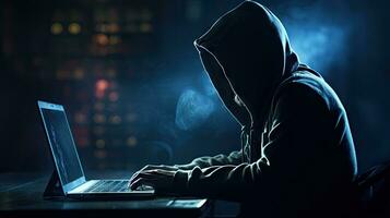 Hackers and Malware Hacker uses abstract laptop with binary code digital interface. photo