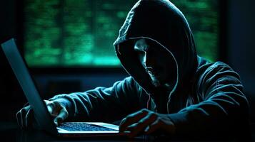 Hackers and Malware Hacker uses abstract laptop with binary code digital interface. photo