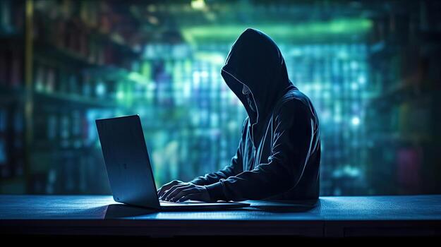 Hackers and Malware Hacker uses abstract laptop with binary code digital interface. photo