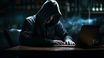 Hackers and Malware Hacker uses abstract laptop with binary code digital interface. photo