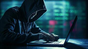 Hackers and Malware Hacker uses abstract laptop with binary code digital interface. photo