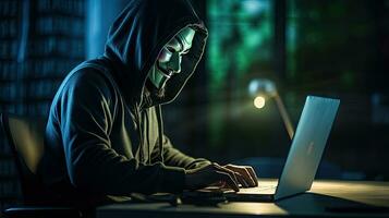 Hackers and Malware Hacker uses abstract laptop with binary code digital interface. photo