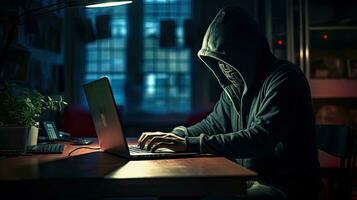 Hackers and Malware Hacker uses abstract laptop with binary code digital interface. photo