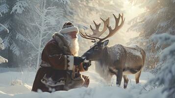Santa Claus is near his reindeer in the snowy forest photo