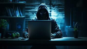 Hackers and Malware Hacker uses abstract laptop with binary code digital interface. photo