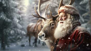 Papa Noel claus es cerca su reno en el Nevado bosque foto