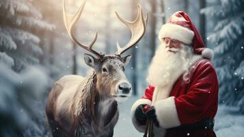 Santa Claus is near his reindeer in the snowy forest photo