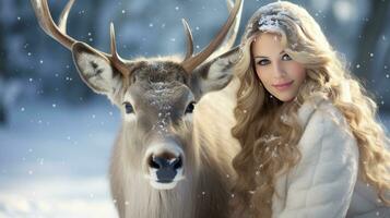 Santa Claus is near his reindeer in the snowy forest photo