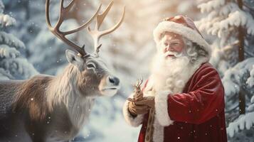 Papa Noel claus es cerca su reno en el Nevado bosque foto