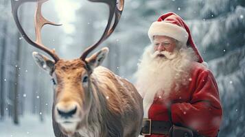 Papa Noel claus es cerca su reno en el Nevado bosque foto