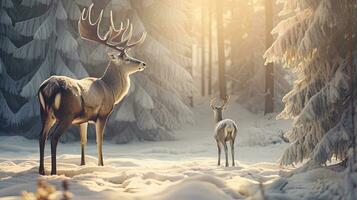 Santa Claus is near his reindeer in the snowy forest photo