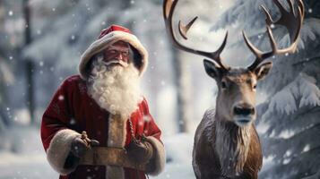 Santa Claus is near his reindeer in the snowy forest photo