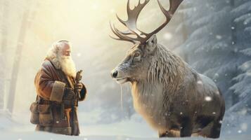Papa Noel claus es cerca su reno en el Nevado bosque foto