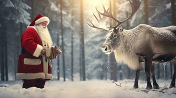 Papa Noel claus es cerca su reno en el Nevado bosque foto