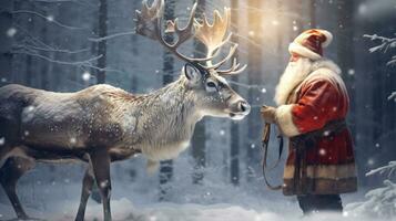 Santa Claus is near his reindeer in the snowy forest photo