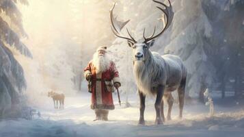 Santa Claus is near his reindeer in the snowy forest photo