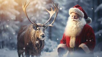 Santa Claus is near his reindeer in the snowy forest photo