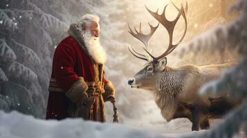 Papa Noel claus es cerca su reno en el Nevado bosque foto