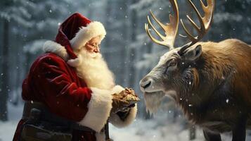 Santa Claus is near his reindeer in the snowy forest photo