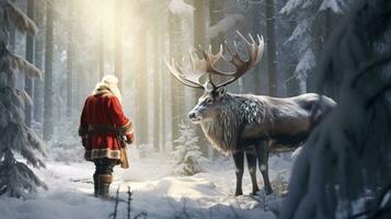 Santa Claus is near his reindeer in the snowy forest photo