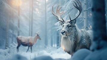 Santa Claus is near his reindeer in the snowy forest photo