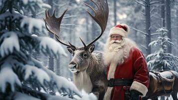 Papa Noel claus es cerca su reno en el Nevado bosque foto