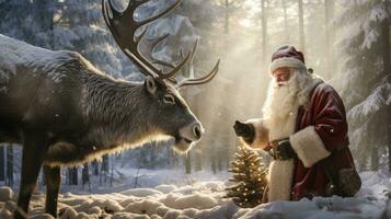 Papa Noel claus es cerca su reno en el Nevado bosque foto