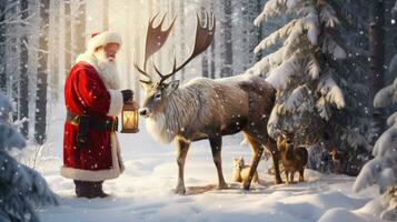 Papa Noel claus es cerca su reno en el Nevado bosque foto