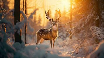 A big deer stands on a cold winter night in a snowy forest. at sunset photo