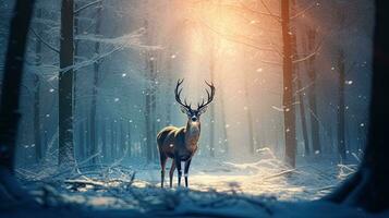 A big deer stands on a cold winter night in a snowy forest. at sunset photo