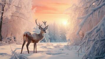 A big deer stands on a cold winter night in a snowy forest. at sunset photo