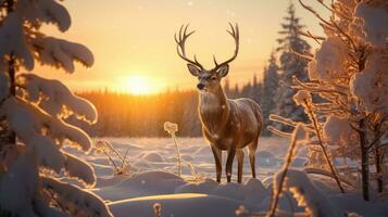 A big deer stands on a cold winter night in a snowy forest. at sunset photo