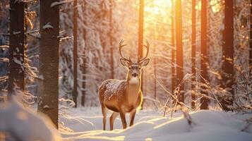 A big deer stands on a cold winter night in a snowy forest. at sunset photo