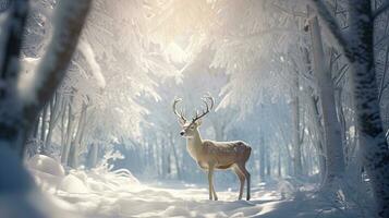 A big deer stands on a cold winter night in a snowy forest. at sunset photo