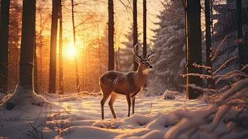 un grande ciervo soportes en un frío invierno noche en un Nevado bosque. a puesta de sol foto