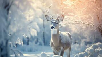 A big deer stands on a cold winter night in a snowy forest. at sunset photo