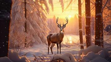 un grande ciervo soportes en un frío invierno noche en un Nevado bosque. a puesta de sol foto