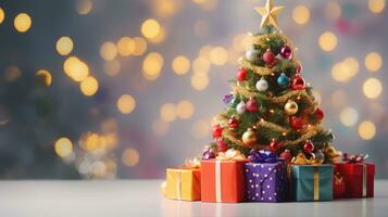 Happy New Year 2024, beautiful Christmas gift box with red ribbon and pine cone on table near tree, space for text photo