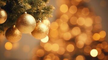 Golden Christmas ball of defocused lights with decorated tree Happy New Year 2024 There is space to enter text. photo