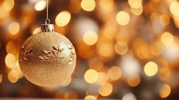 dorado Navidad pelota de desenfocado luces con decorado árbol contento nuevo año 2024 allí es espacio a entrar texto. foto