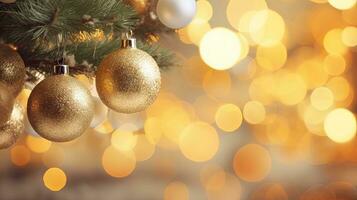 Golden Christmas ball of defocused lights with decorated tree Happy New Year 2024 There is space to enter text. photo