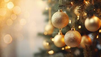 dorado Navidad pelota de desenfocado luces con decorado árbol contento nuevo año 2024 allí es espacio a entrar texto. foto
