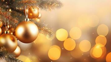 Golden Christmas ball of defocused lights with decorated tree Happy New Year 2024 There is space to enter text. photo