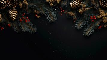 Christmas stone background with snow fir tree, gift box and decor. Top view with copy space photo