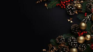 Christmas stone background with snow fir tree, gift box and decor. Top view with copy space photo