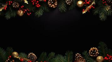 Christmas stone background with snow fir tree, gift box and decor. Top view with copy space photo