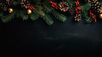 Christmas stone background with snow fir tree, gift box and decor. Top view with copy space photo