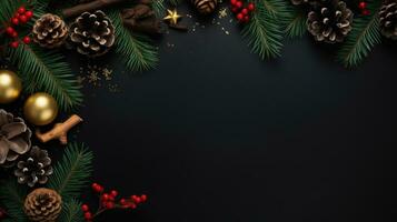 Christmas stone background with snow fir tree, gift box and decor. Top view with copy space photo